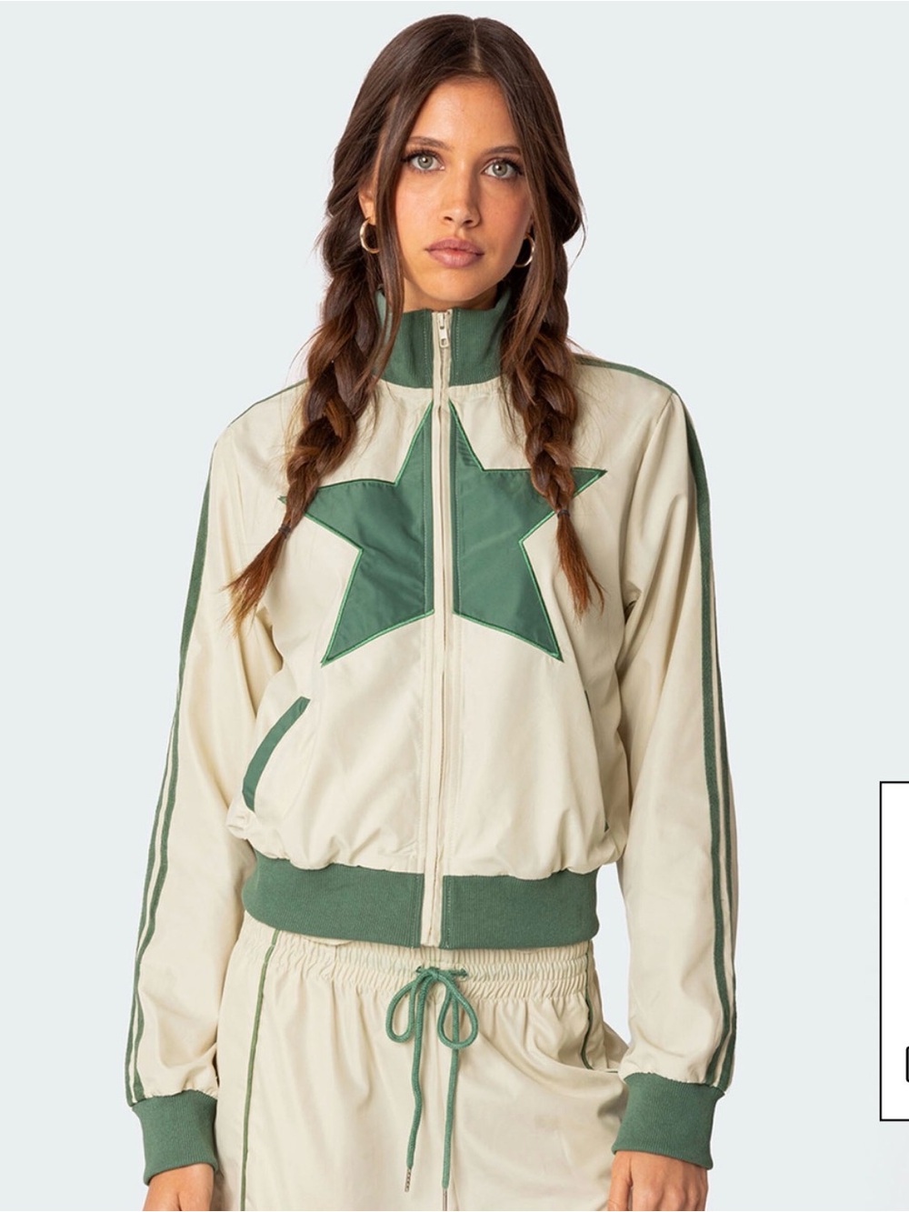 Edikted Cream and Green Star Varsity Jacket